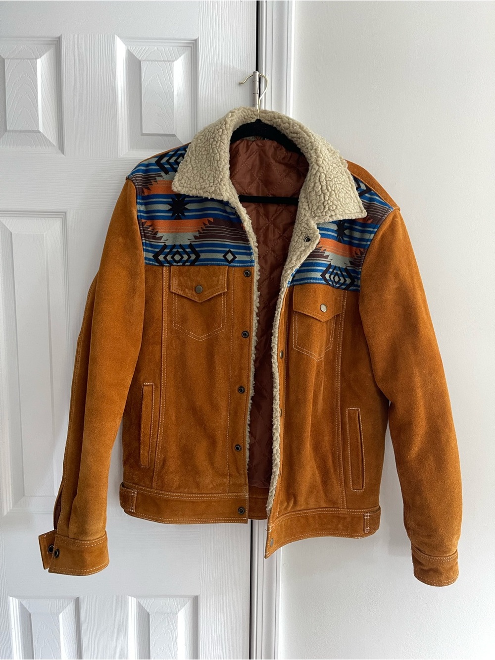 Men's Suede Sherpa-Lined Jacket in Rust with Aztec Yoke